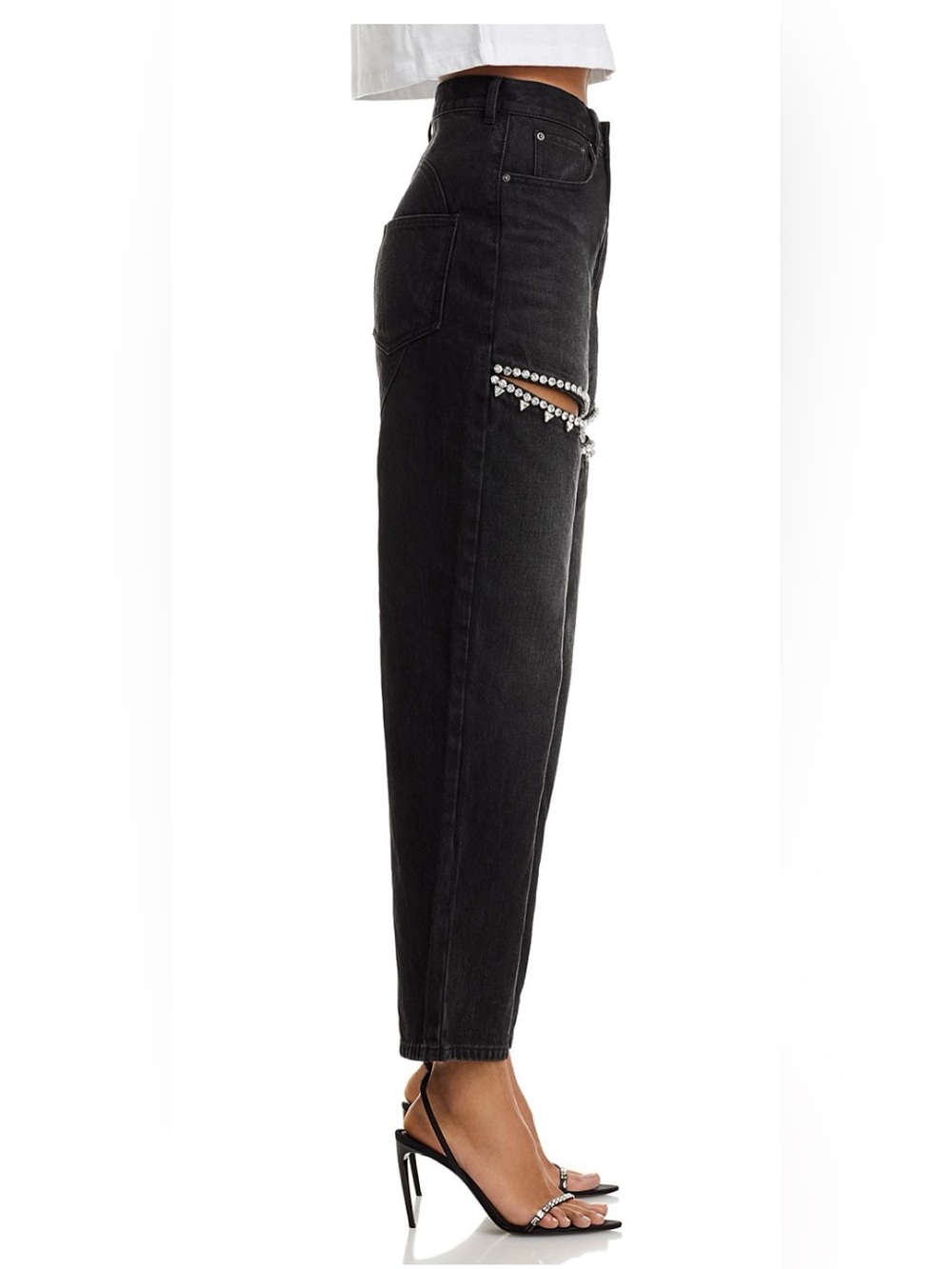 AREA Black Straight-Leg Jeans with Crystal Thigh Slits. - Picture 5 of 9